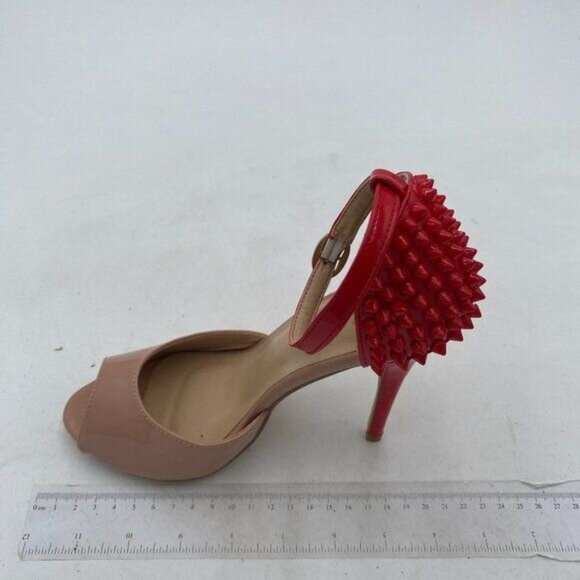 FSJ Nude And Red Rivets Peep Toe Sandals High Heels Ankle Strap Studded Shoes - Picture 1 of 7